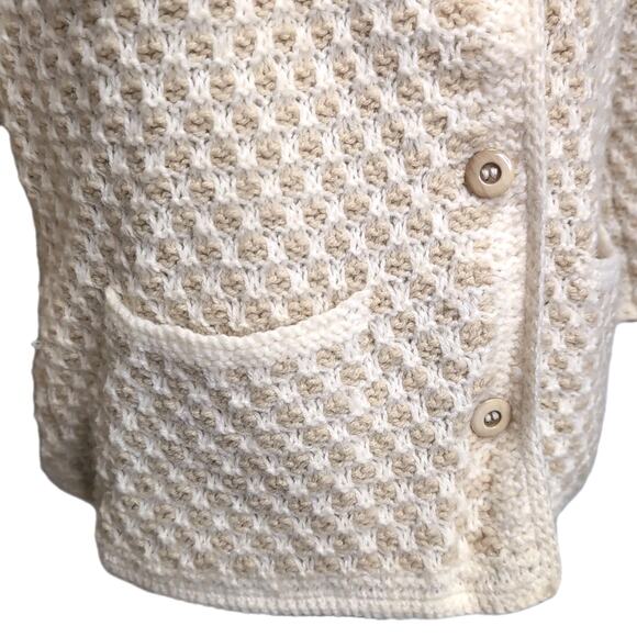 Hand Knit Handmade Sweater Blazer Cardigan Womens Size M Tan Cream Pockets NEW - Picture 6 of 16